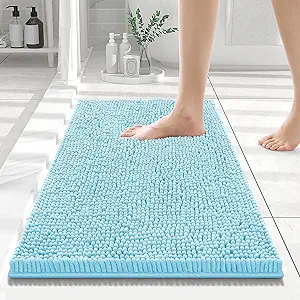 Smiry Luxury Chenille Bathroom Rugs 24x16, Extra Soft and Absorbent Shaggy Bath Mat, Machine Washable, Non-Slip Plush Carpet Runner for Tub, Shower, and Floor, Home Decor Accessories, Sky Blue