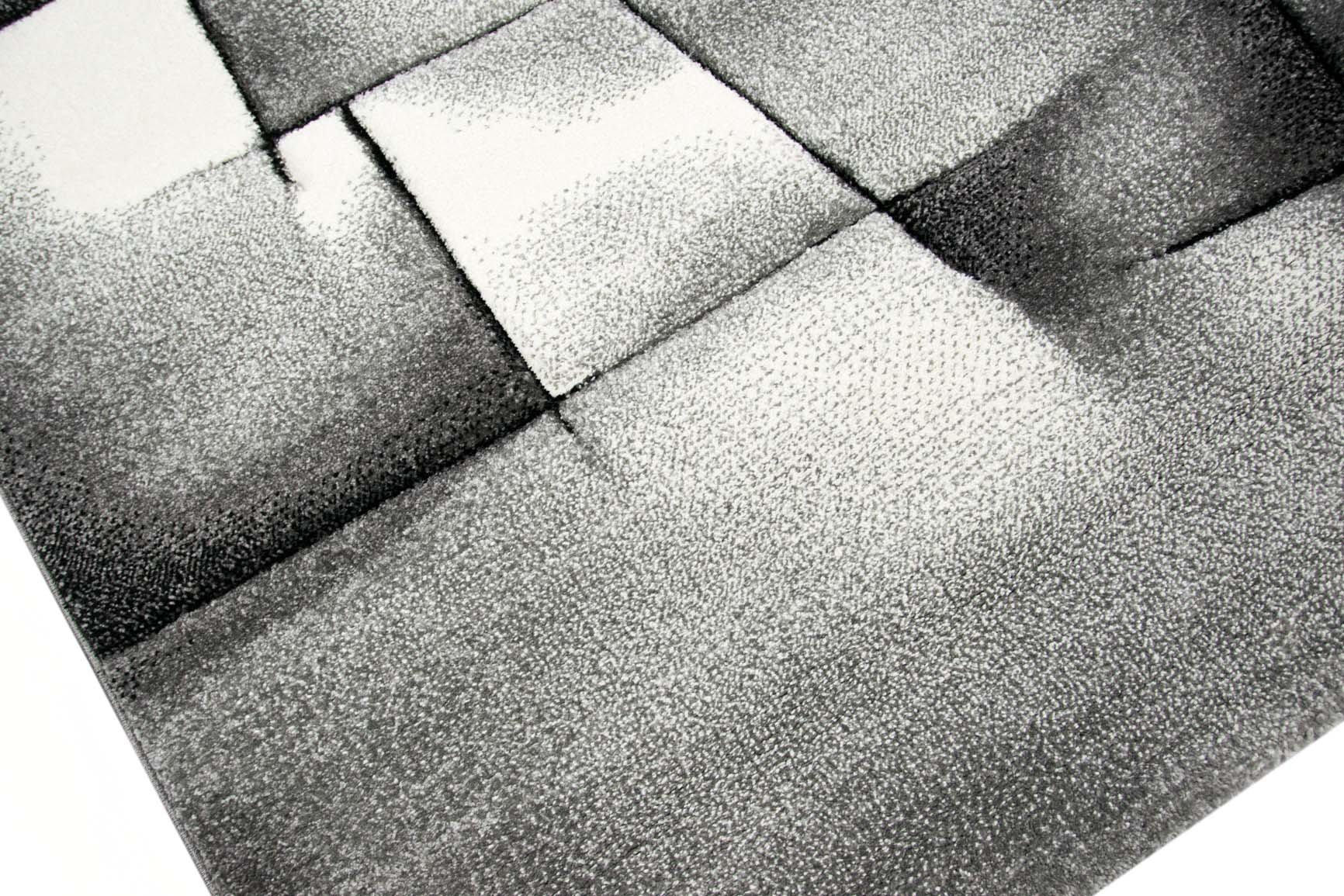 Teppich-Traum Kurzflor Teppich Karo-Patchwork Grau Schwarz Weiß 80x300 cm | Pflegeleicht, schmutzabweisend, strapazierfähig und OEKO-TEX geprüft, Konturenschnitt, für Fußbodenheizung & Wohnbereich