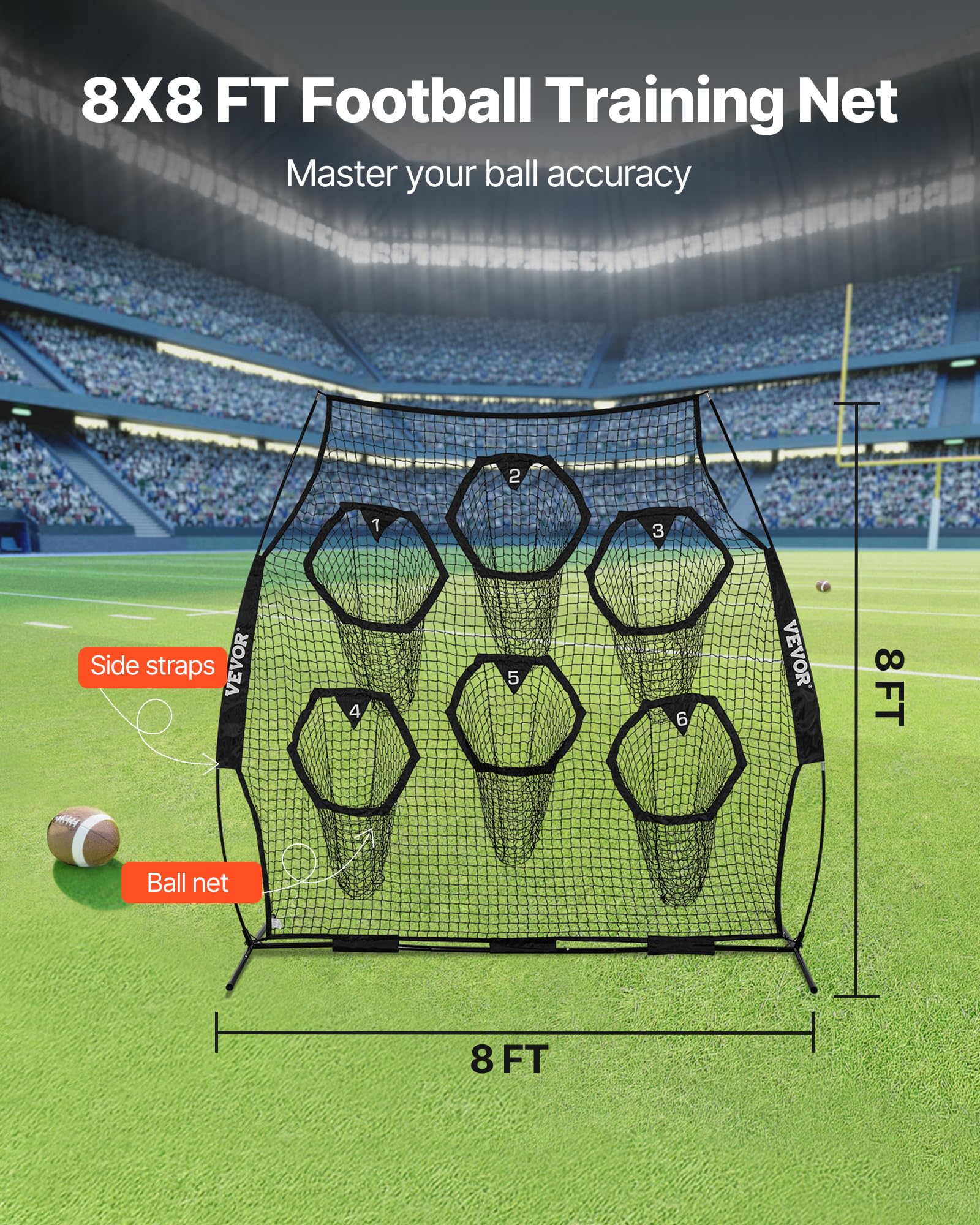 VEVOR Filet d'entraînement pour Football 274 x 243 cm, Filet de Lancer de Rugby avec 6 Poches pour cibles, sans nœuds, Sangles et étui de Transport Inclus, pour améliorer la précision de Lancer, Noir