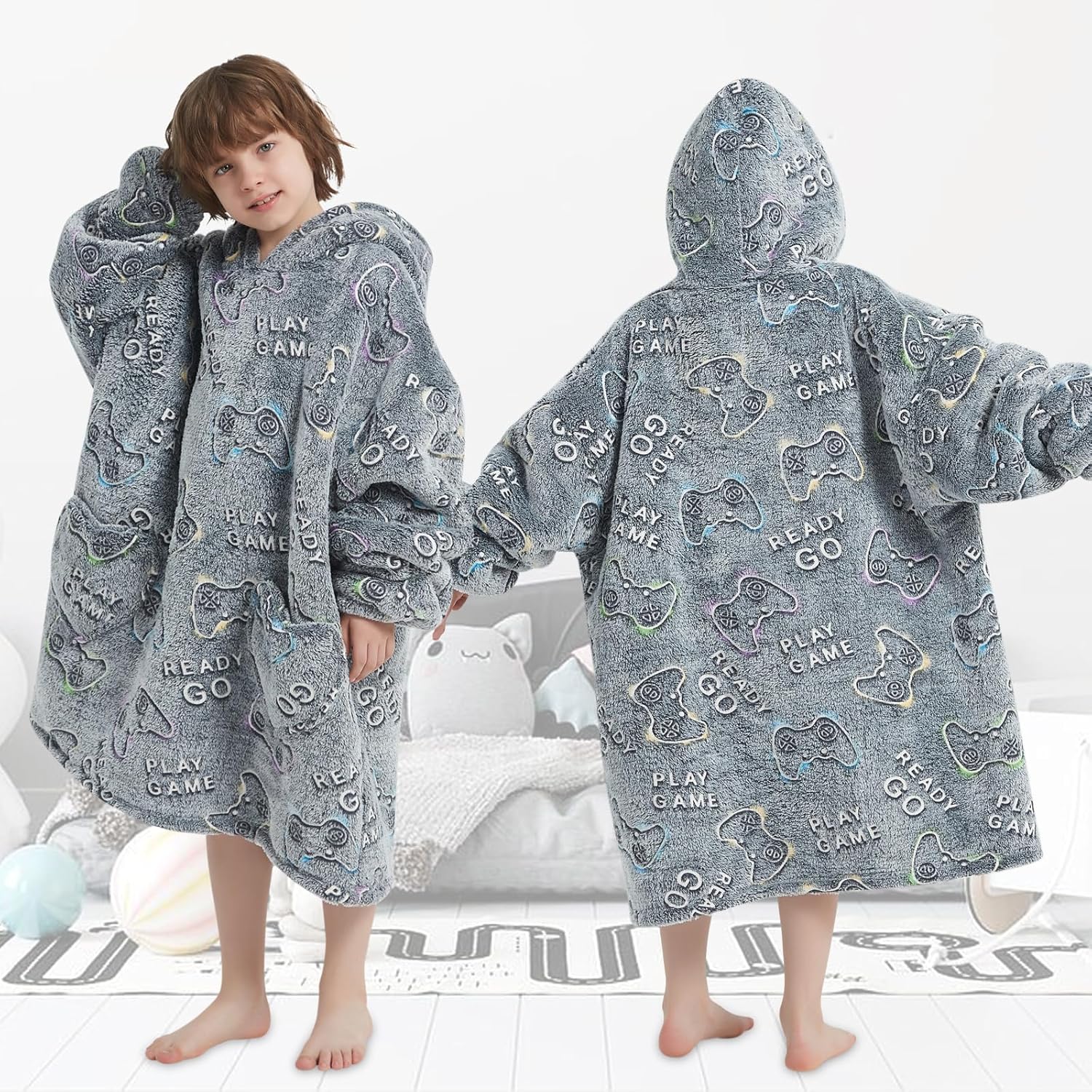 Fiosnow Glow in the Dark Game Controller Blanket Hoodies for Kids 6-13YR Oversize Wearable Blanket Hoodies for Boys Girls Teens - Image 6