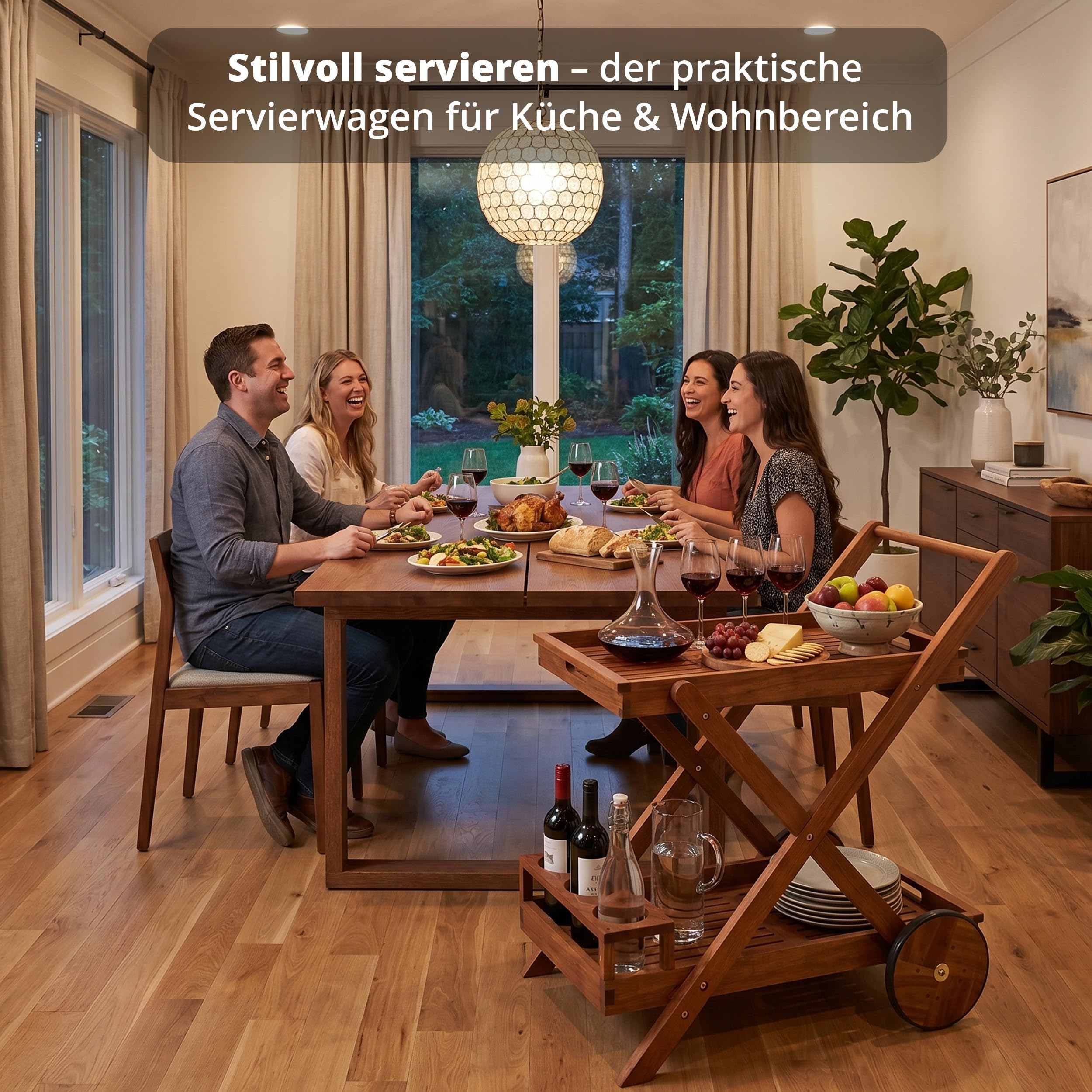 KHG Servierwagen aus Akazie-Massivholz braun auf Rollen, 2 Ablagen, obere als Tablett nutzbar, Flaschenhalter wetterfest geölt 51x76x81,5 cm