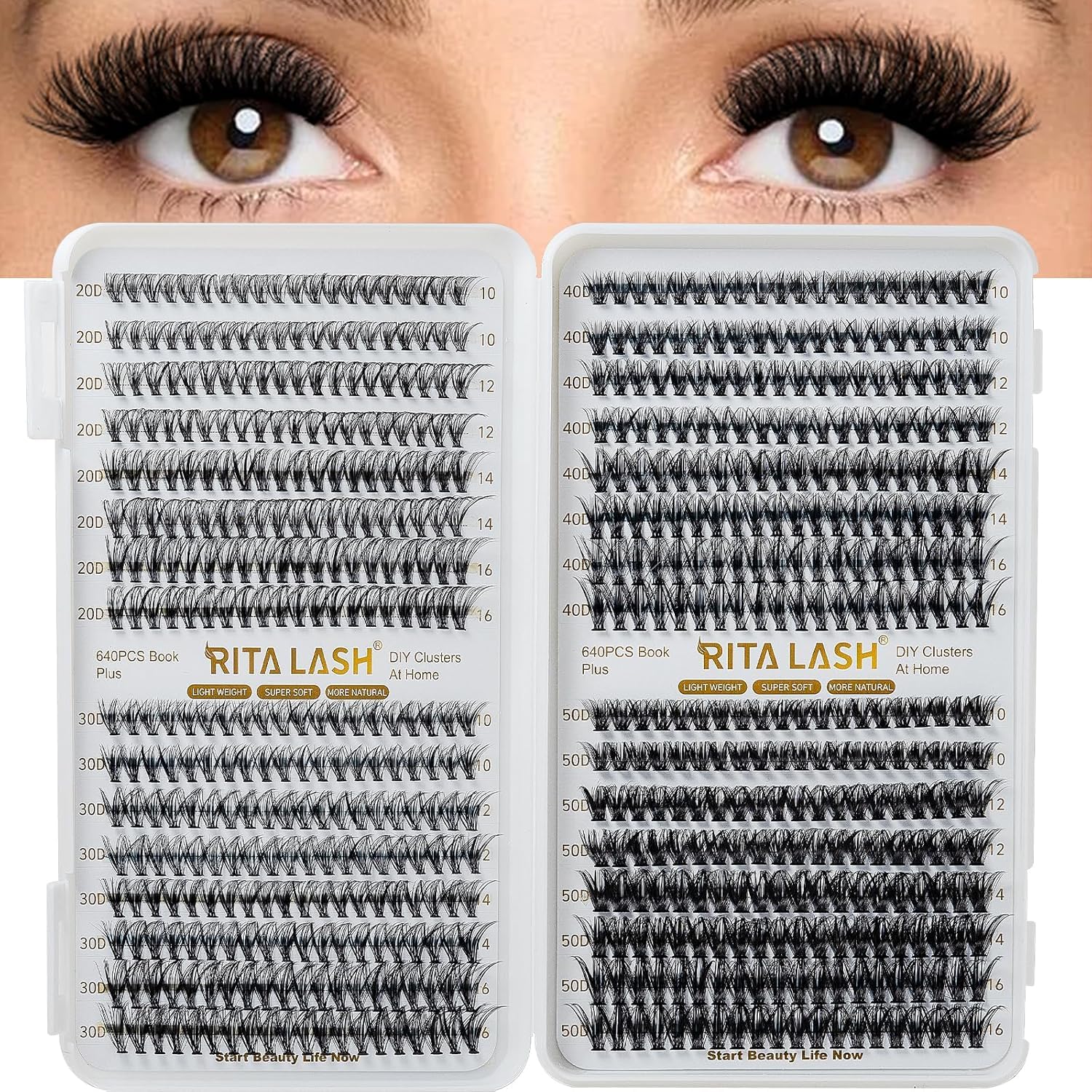 RITALASH 640PCS 4 Style Cluster Lashes Book Individual Lashes Clusters Eyelash Extensions False Eyelashes DIY Wispy Fluffy Lash Extension Kit Natural Look (20D+30D+40D+50D cluster lashes)