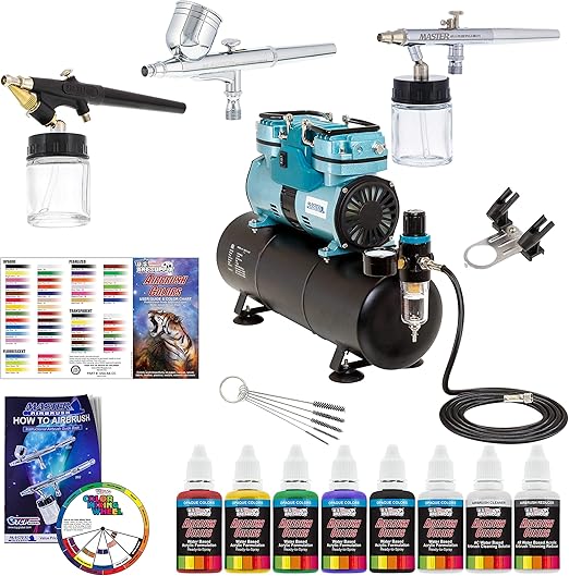 Powerful Master Airbrush Airbrushing System with 3 Airbrushes, 6 U.S. Art Supply Primary Colors