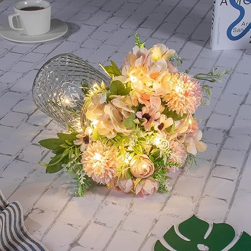 Miniatura 3 de Flores de rosas artificiales LED rosas rosas con jarrón de cristal, luz LED con control remoto, arreglo floral para centro de mesa, decoración de