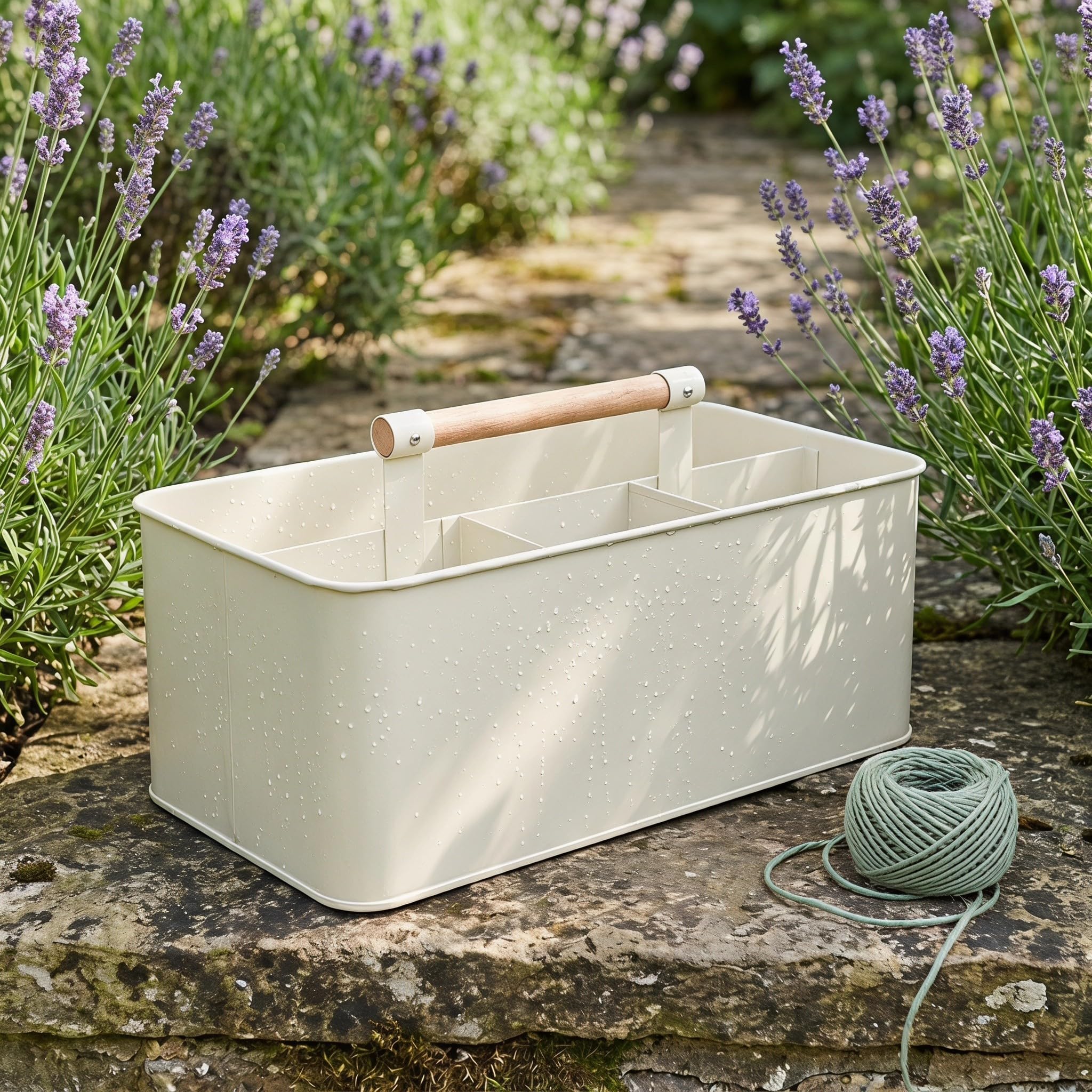 Cesta Organizadora de Herramientas de Jardinería Cesta Metálica Beige con 4 Compartimentos y Mango de Madera de 33x17.5x13 Cm para Plantación Interior y Exterior