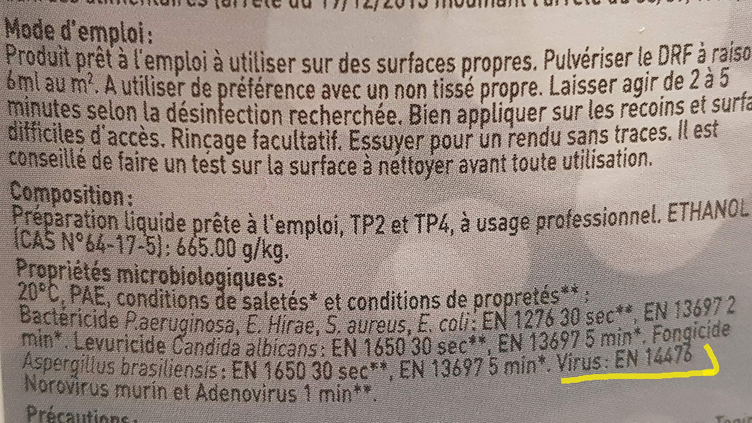 VIRUCIDE EN 14476 SURFACE SANS RINCAGE lot de 2 spray de 750 ml