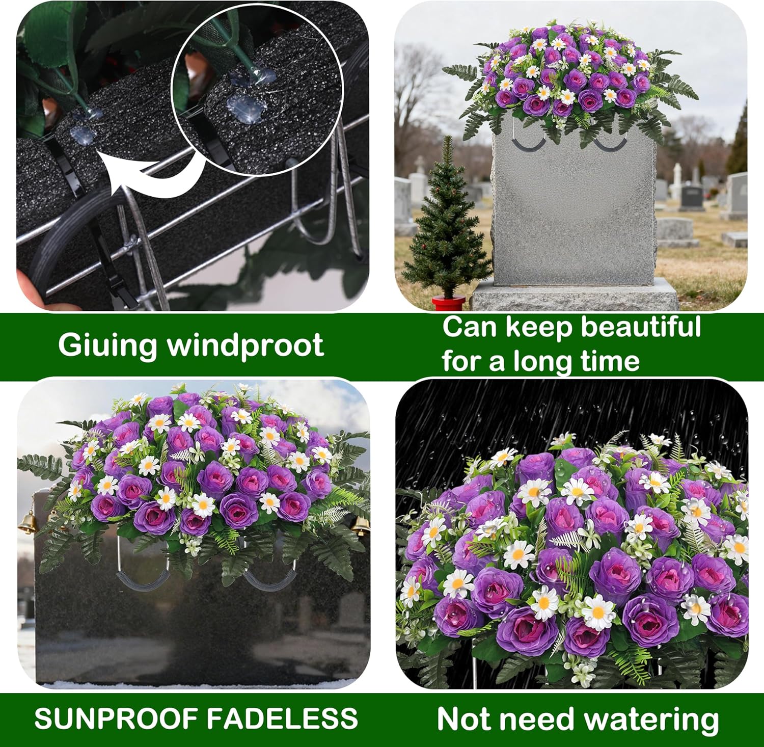 Lodou Artificial Cemetery Flower Saddle – Artificial Rose Memorial Flowers, Flower Saddles for Graves– for Headstone Decorations on Memorial Day, Christmas, Valentine’s Day ﻿ (Purple)