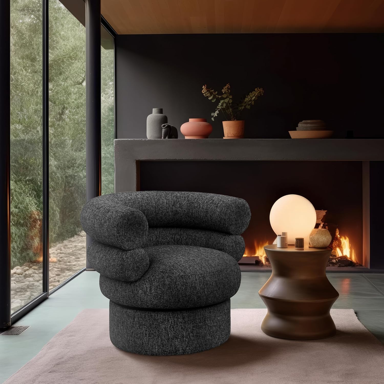 Meridian Furniture 570Black Valentina Collection Modern | Contemporary Swivel Accent Chair with Rich Black Linen Textured Fabric with White Weave, Deep Channel Tufting, 34" W x 31" D x 28" H, Black