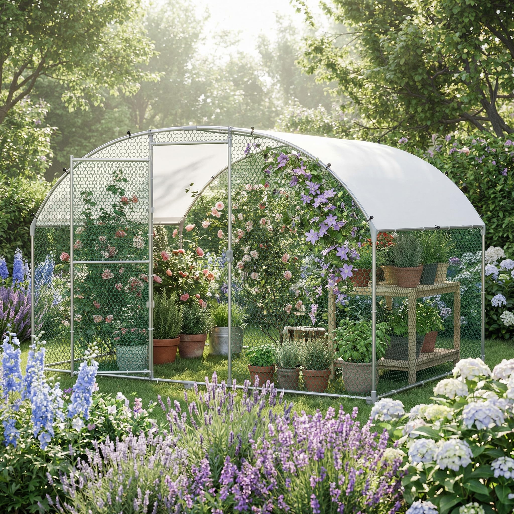 Freilaufgehege Bogen Dach 3x8x2m,Hühnerstall aus Verzinkter Stahl Mit PE Dachabdeckung,Verdickte PVC Verbinder &Riegel für Haustierkäfig Hühnerkäfig Kleintiere Pflanzen