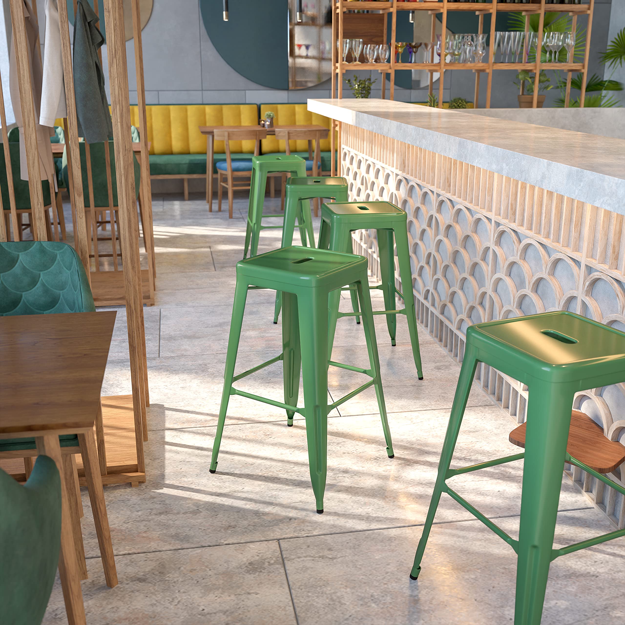 EMMA + OLIVER Commercial Grade 30" H Backless Green Metal Indoor-Outdoor Barstool, Square