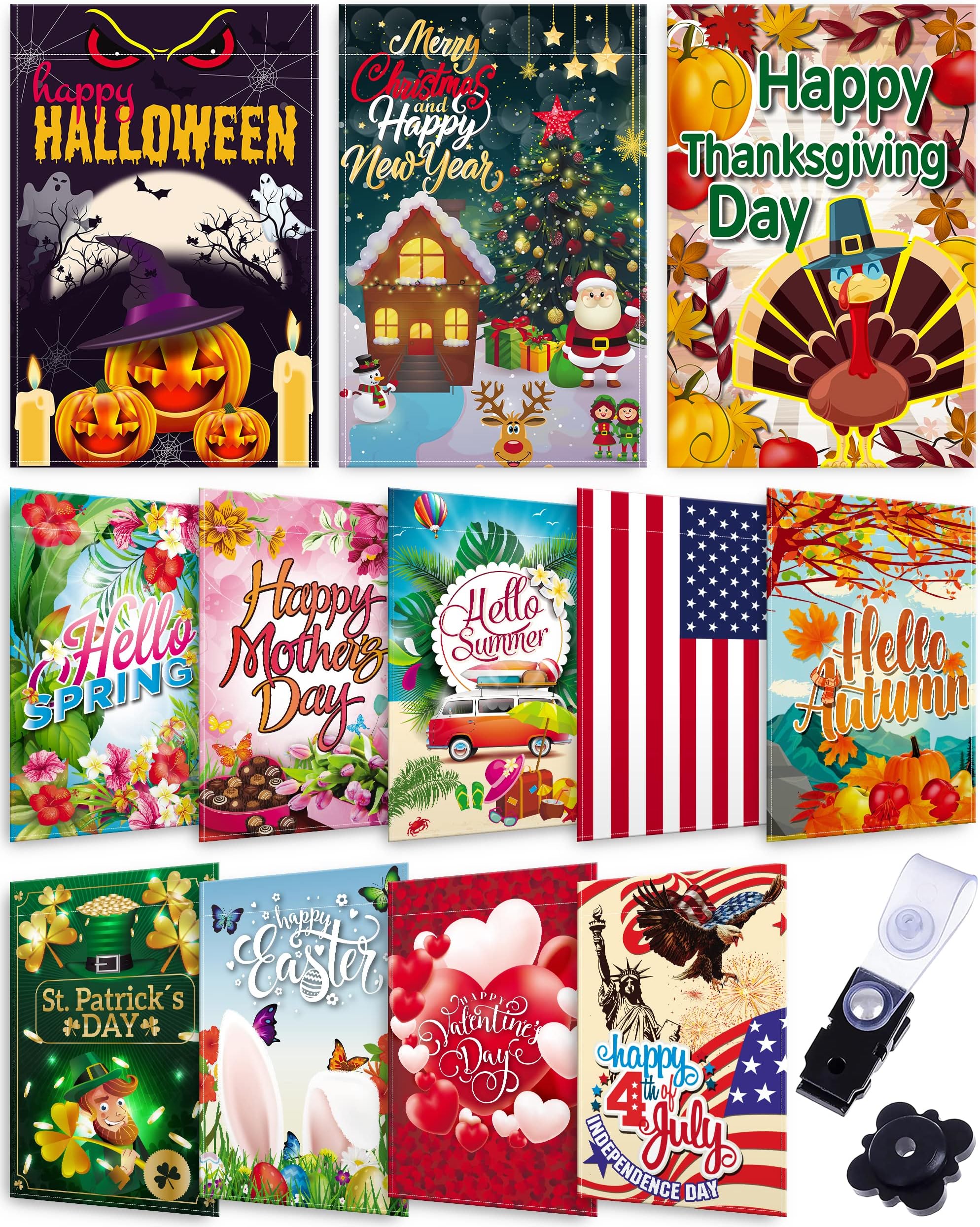 Season Garden Flags - Set of 12 Garden Flags - Double Sided Outdoor Holidays Yard Flags - Made of Polyester with Anti-Wind Clip & Rubber Stopper Included โ Holidays Flags for 12 Months - 12โx18โ Size