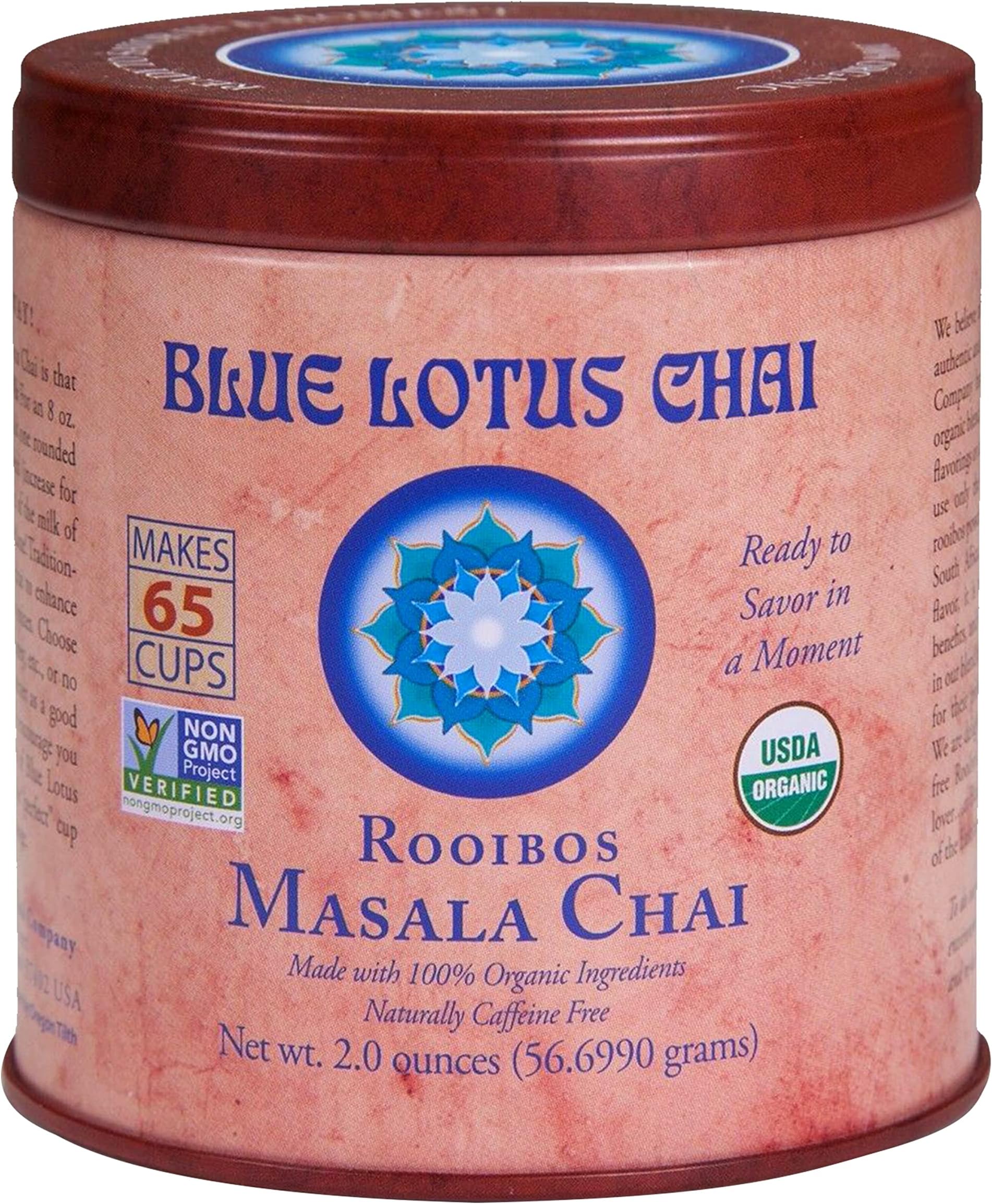 - Blue Lotus Chai - Rooibos Flavor Masala Chai - Makes 65 Cups - 2 Ounce Masala Spiced Chai Powder with Organic Spices - Instant Indian Tea No Steeping - No Gluten