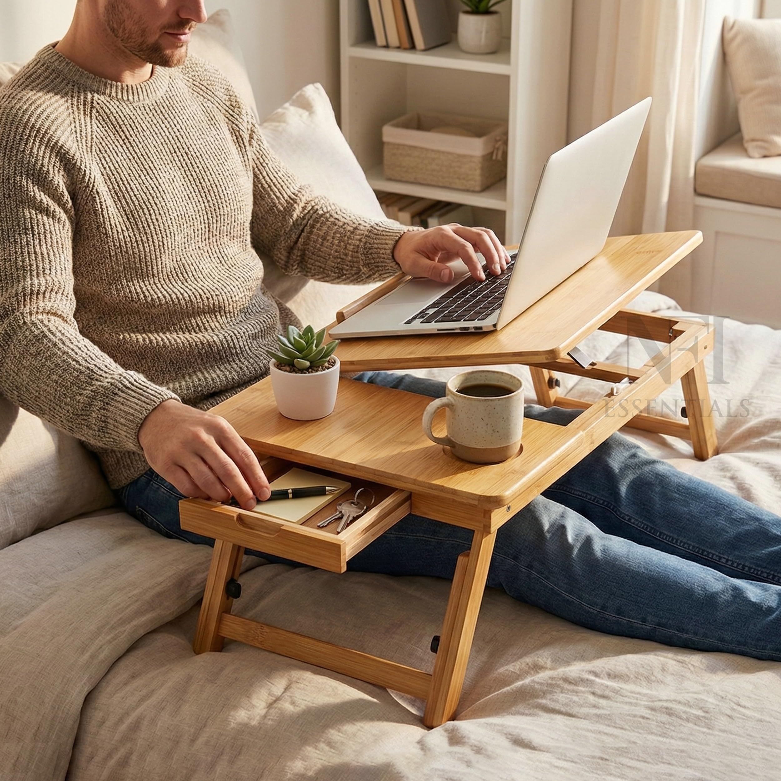 NFI essentials Bamboo Wood Foldable Laptop Table, Adjustable Portable Study Table, Study, Writing, Drawing & Activity Table with Adjustable Height, Bed Tray (55x35cm) 4