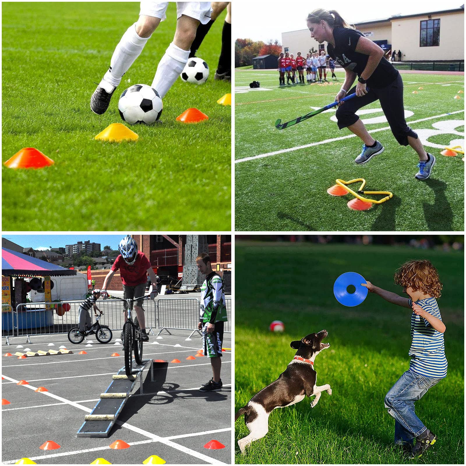 MIVIDE 100pcs Plots Sport, 19x5cm Plots Football Entrainement, Plots de Marquage avec Support et Sac Filet, Cône de Disque pour Délimitation, Entraînement, Football, Marquage (5 Couleurs)