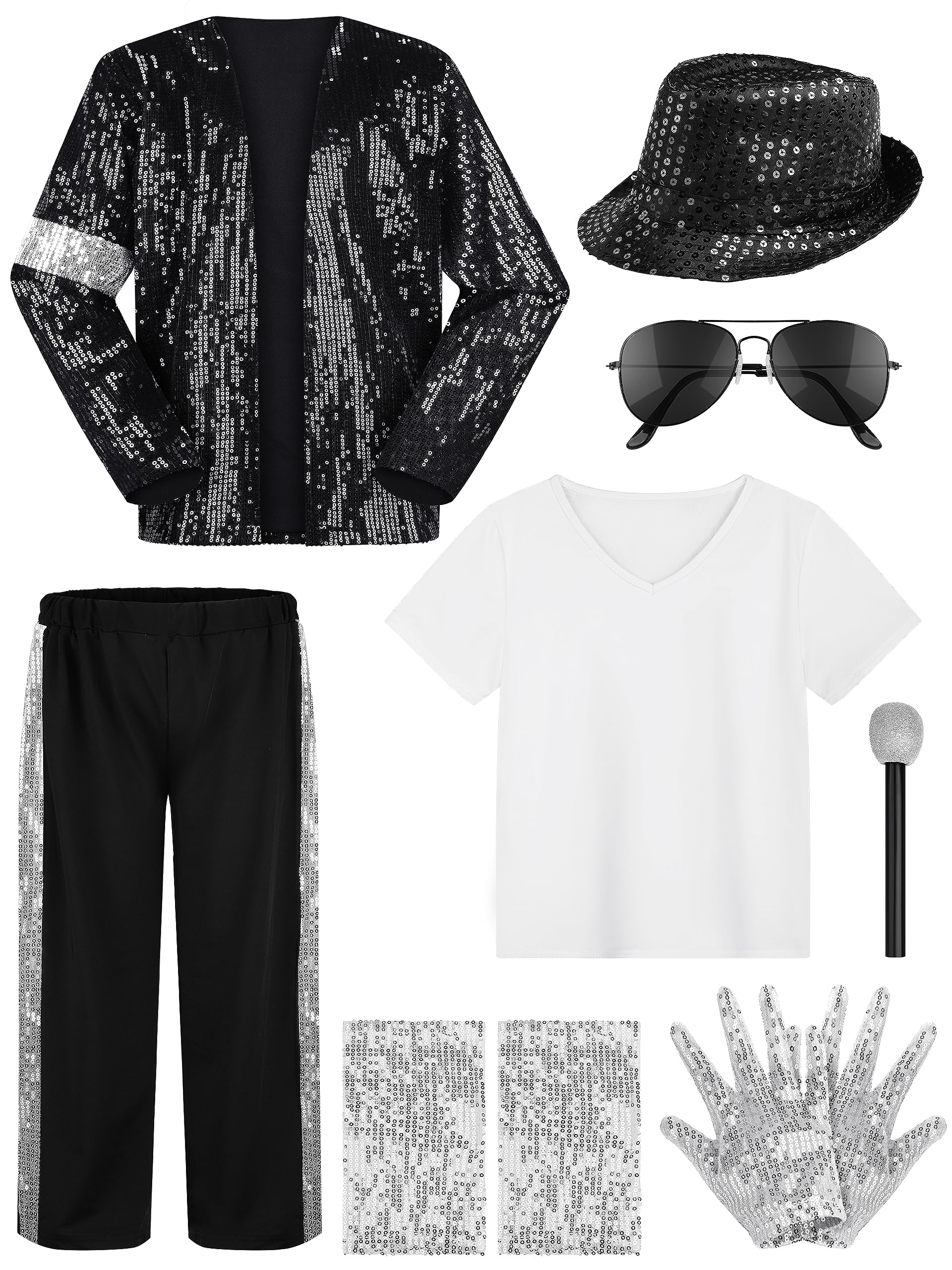 AOTHSO 8 Pieces Kids Boys 80s Dance Costume 90s Pop Stage Outfits with Glasses Hat Gloves Microphone Halloween Cosplay Party