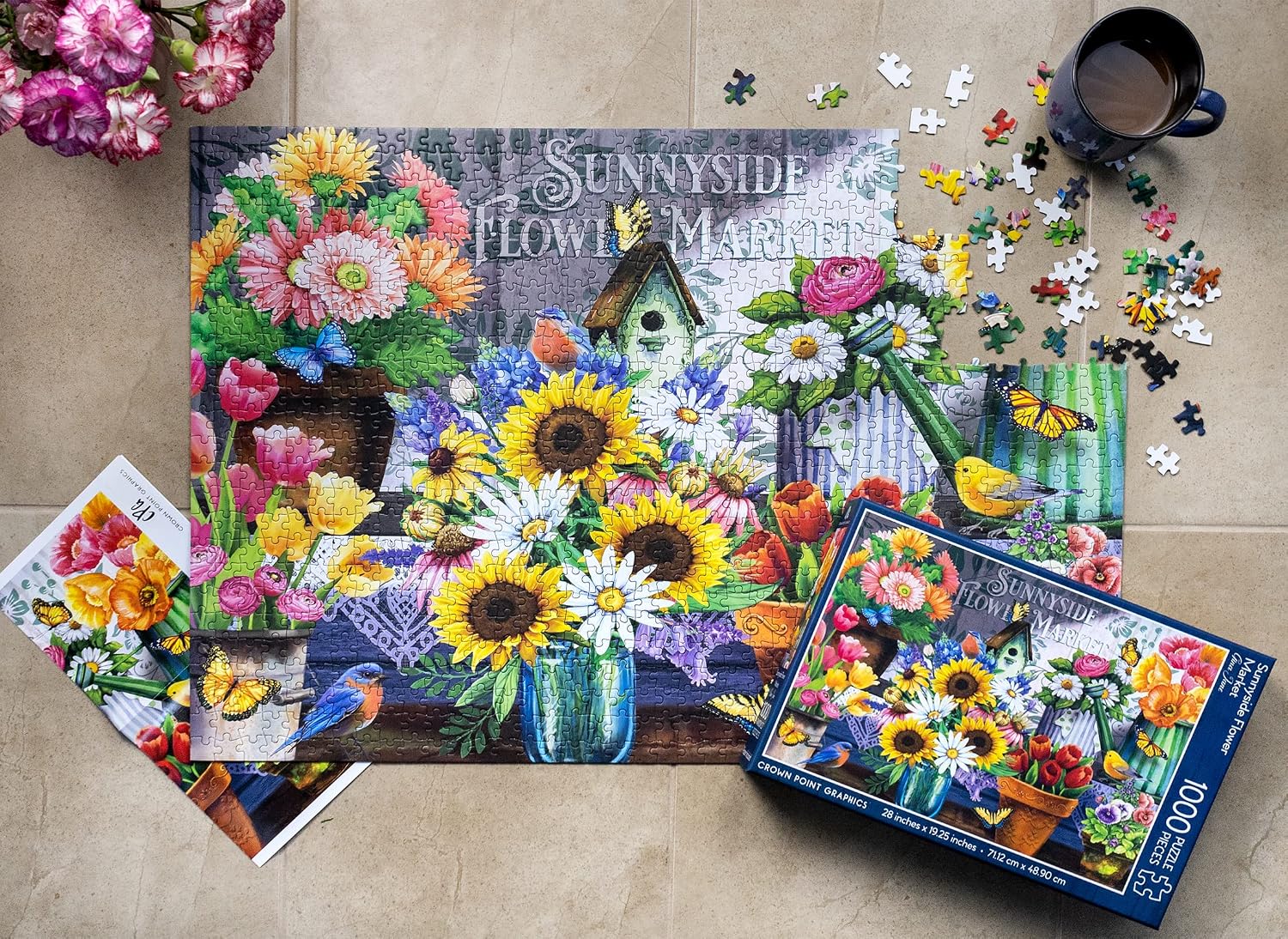 Crown Point Graphics Sunnyside Flower Market - 1000 Piece Jigsaw Puzzle - Artist Gina Jane Lee - Soft Touch Design - Coloful Summer Flower Puzzle with Butterflies and Birds