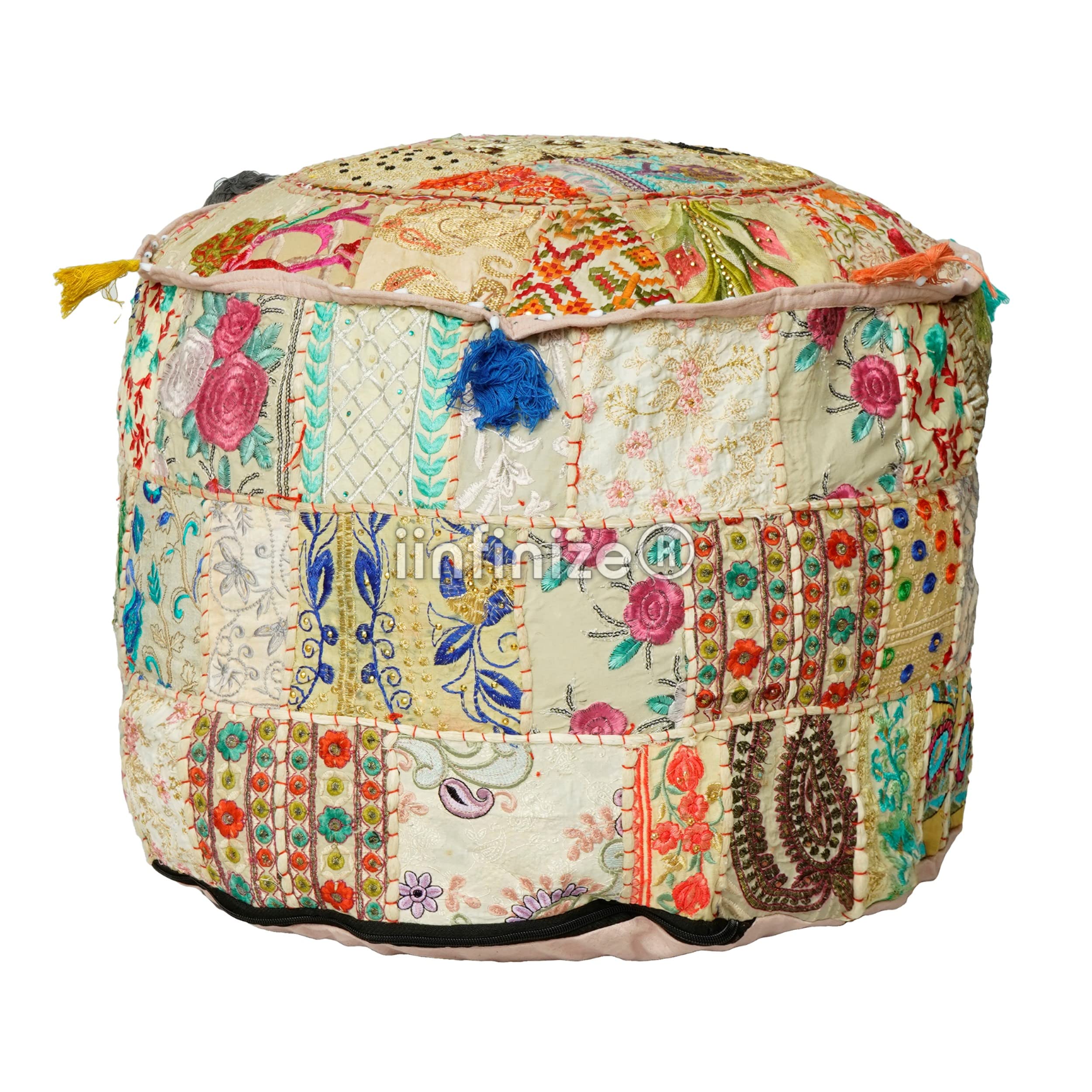 iinfinize Rajasthani Decorative Pouff Cover Cotton Ottoman Solid Luxury 16 Inch Round Footstool Pouf Furniture Seating Chair Pouffe Bean Bag Standard Pouf-image-8