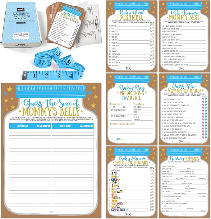 Neatz Baby Shower Games Set For Boys - 7 Fun Games Pack With Cards, Poster & More - Gender Reveal & Shower Party Activities
