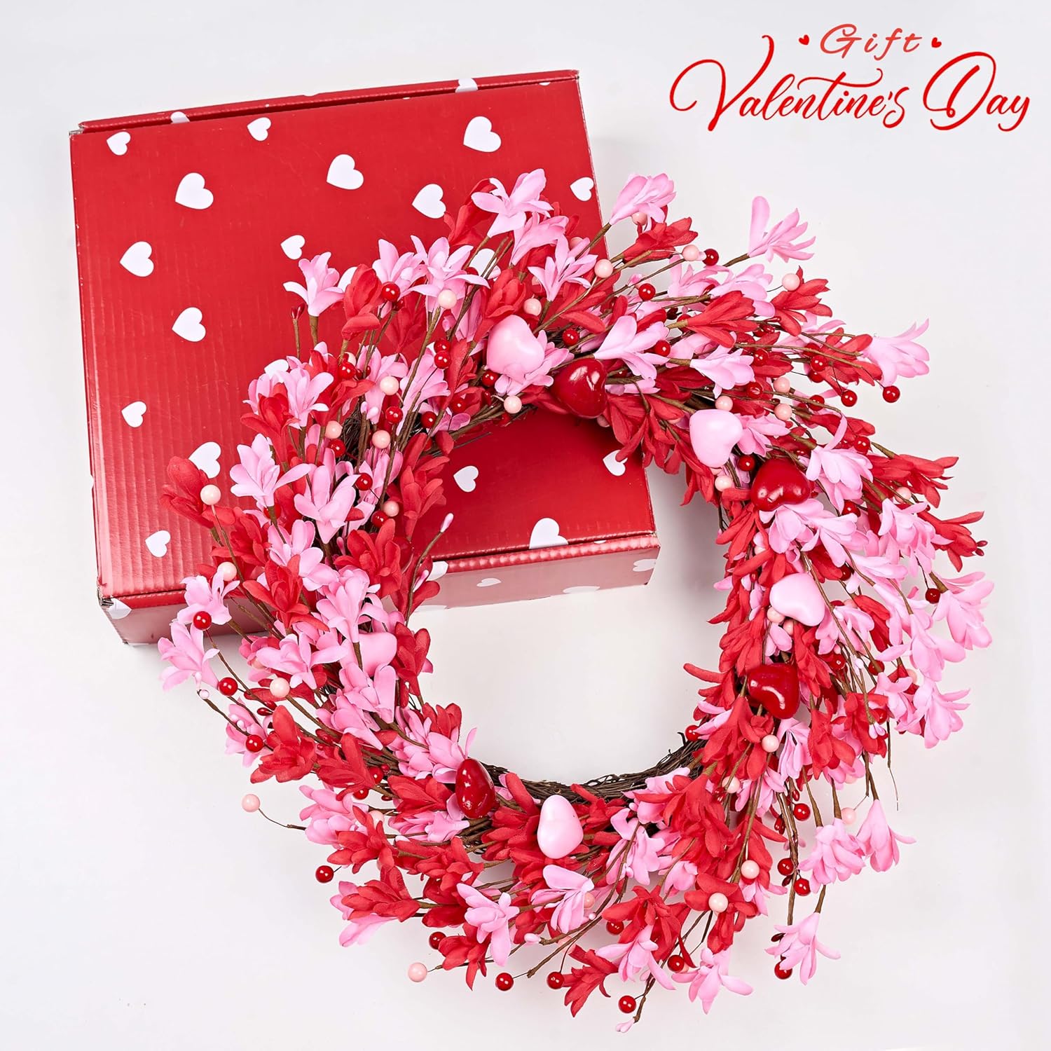 Valentine's Day Wreath 22 Inch Valentines Day Wreaths for Front Door Pink Floral Wreath with Red Love Heart Berries Pink Forsythia Flowers for Valentine Anniversary Wedding Holiday Decorations
