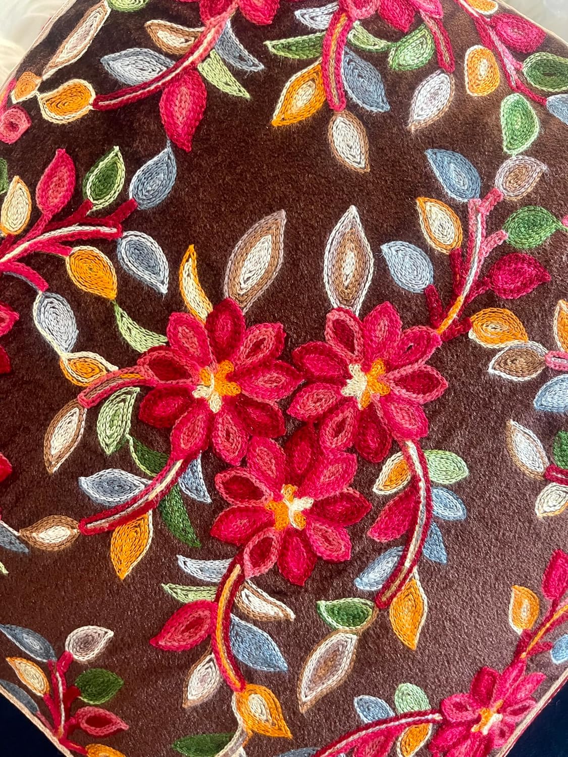 Decorative Throw Pillow Covers,Multi Color Kashmiri Embroidery, Floral Pattern, 1 PC,Dark Brown, Accent Cushion Covers for Chair Bed Sofa Bed Living Room Home Decor,16x16 Inch,1PC,Ramadan Gift