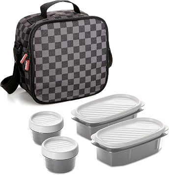 Tatay Urban Food Casual - Insulated Lunch Bag, 3L Capacity, 4 Plastic Food Storage Containers 2 x 0.5 L, 2 x 0.2 L BPA Free, Chess. Measure 22.5 x 10 x 22 cm