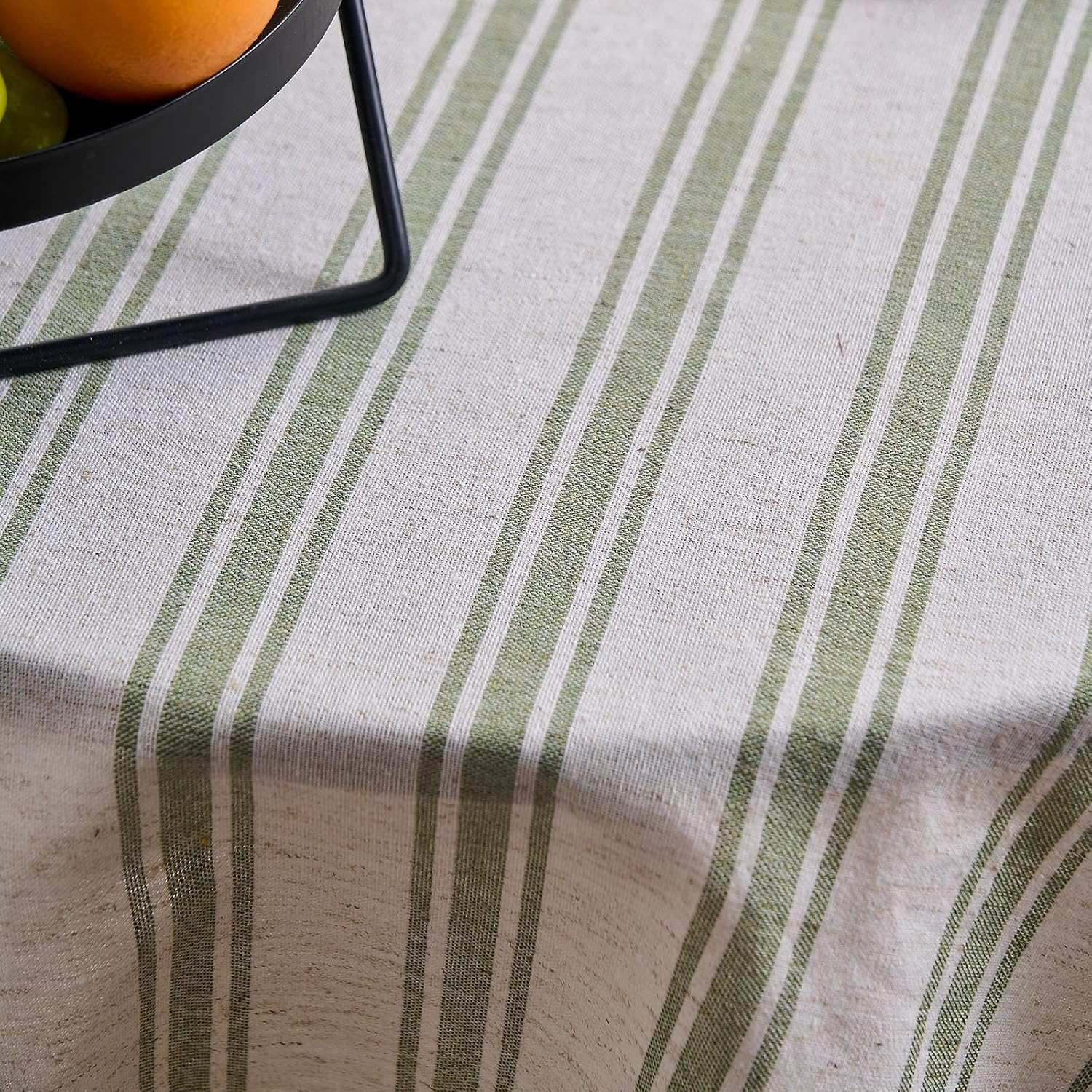 vctops Farmhouse Sage Green Stripe Ruffle Table Cloth, Boho Cotton Linen Tablecloth, Washable Table Cover for Round Table Baby Shower Kitchen Party Wedding Decor (Green A,59")