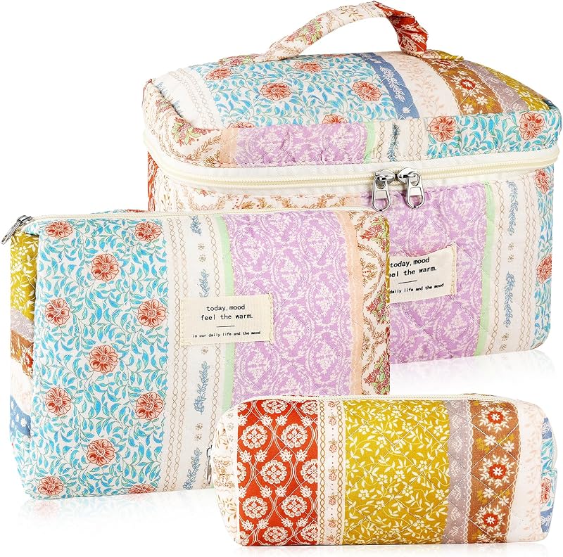 Necessaires de Maquiagem URSKYTOUS de Algodão Matelassado com Estampa Floral, Conjunto com 3