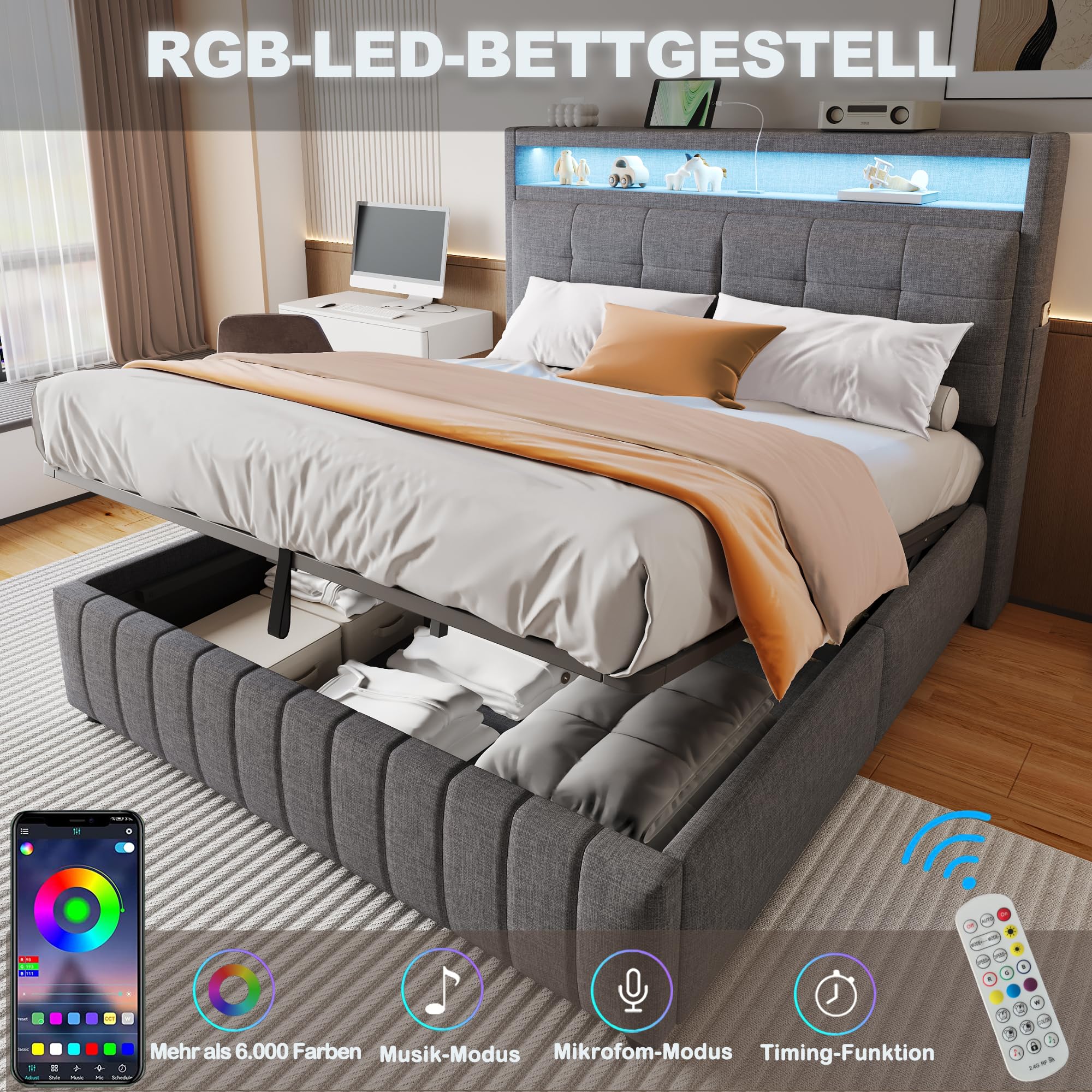 LAKFEW Camas Matrimoniales Cama 160x200 cm con Iluminación LED y USB, Canape 160x200 Cama Doble Tapizada con Almacenaje Hidráulico y Cabecero con Estante, Estructura Metálica, Lino, Gris, Sin Colchón