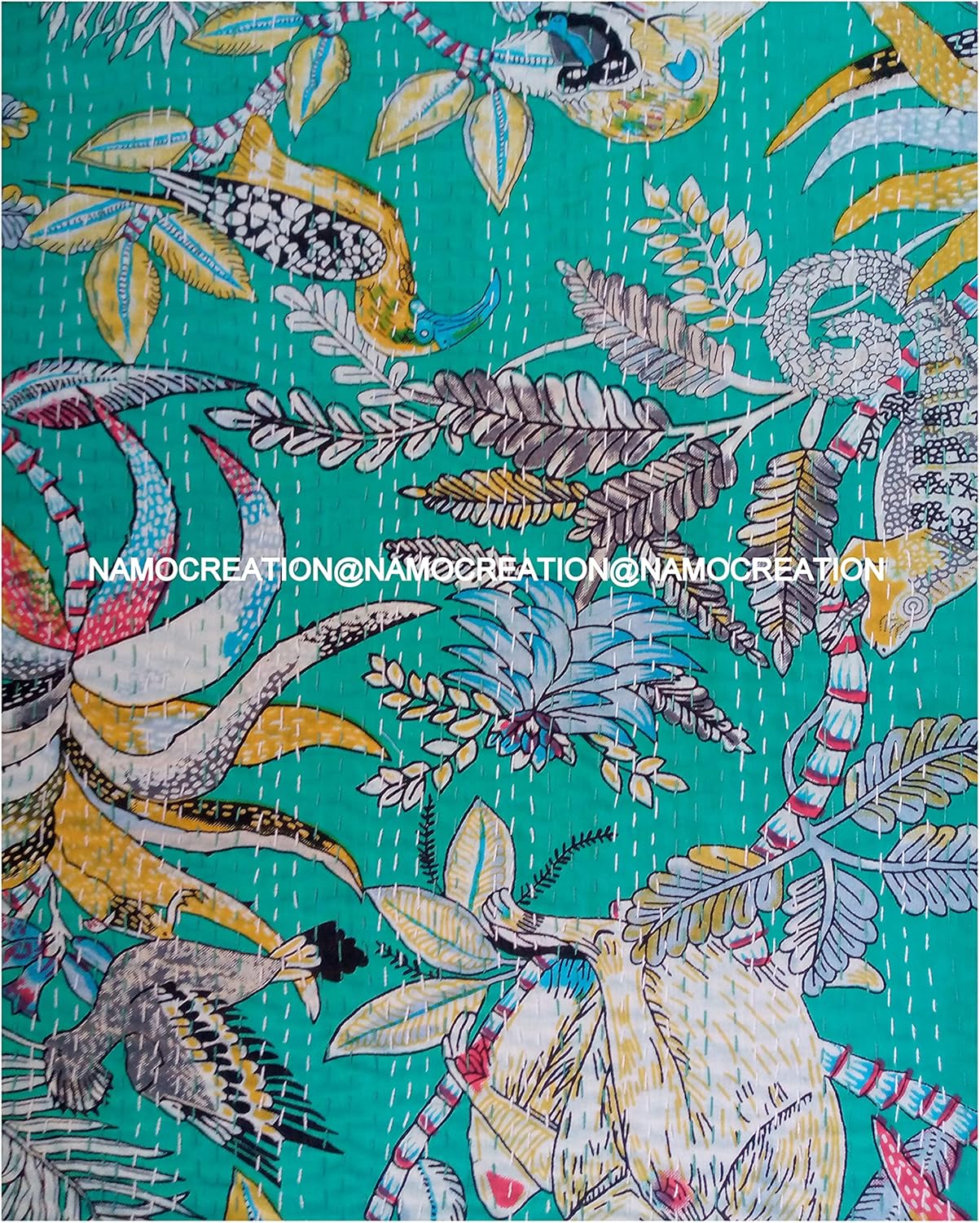Monkey Animal Print Kantha Hippie Handmade Quilt Handblock Sofa Cover Bohemian Bedspread Reversible Throw Blanket California King/Queen/Twin (Green, 60X90 Inches)