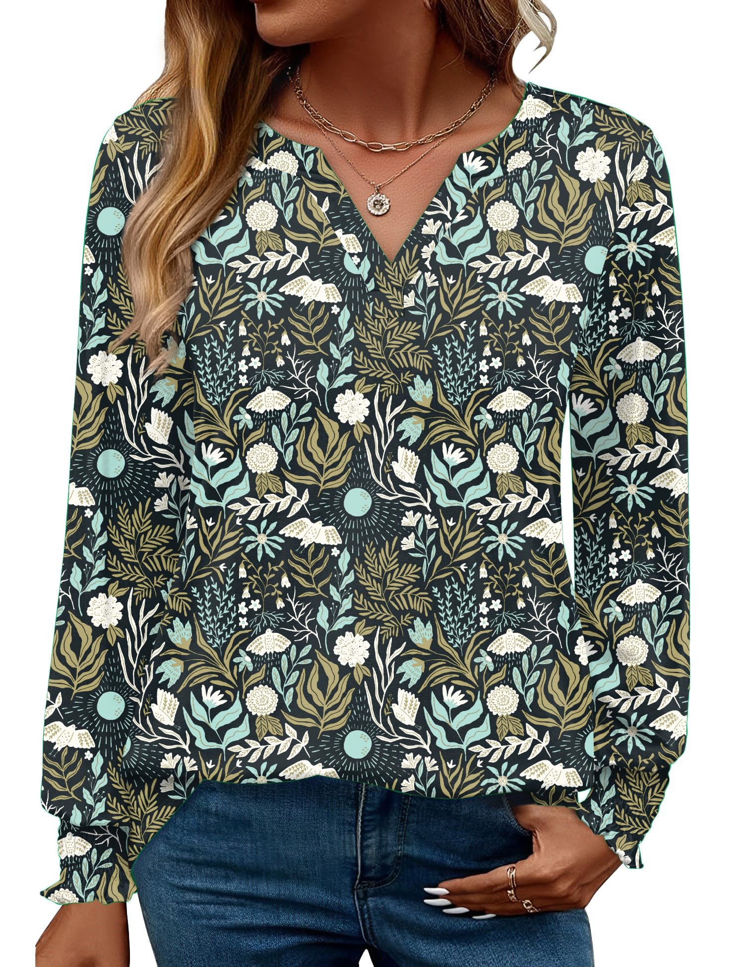 Rapbin Damen Bluse Langarm Tops Elegant Locker V-Ausschnitt Oberteile Shirt Casual Herbst Tunika