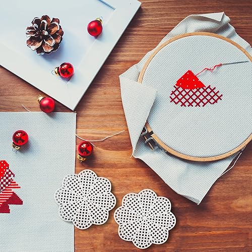 Miniatura 19 de Hordion 10 hojas de flores de lona de plástico de malla de 3 pulgadas, lienzo de punto de aguja en blanco para bordado, malla de plástico blanco