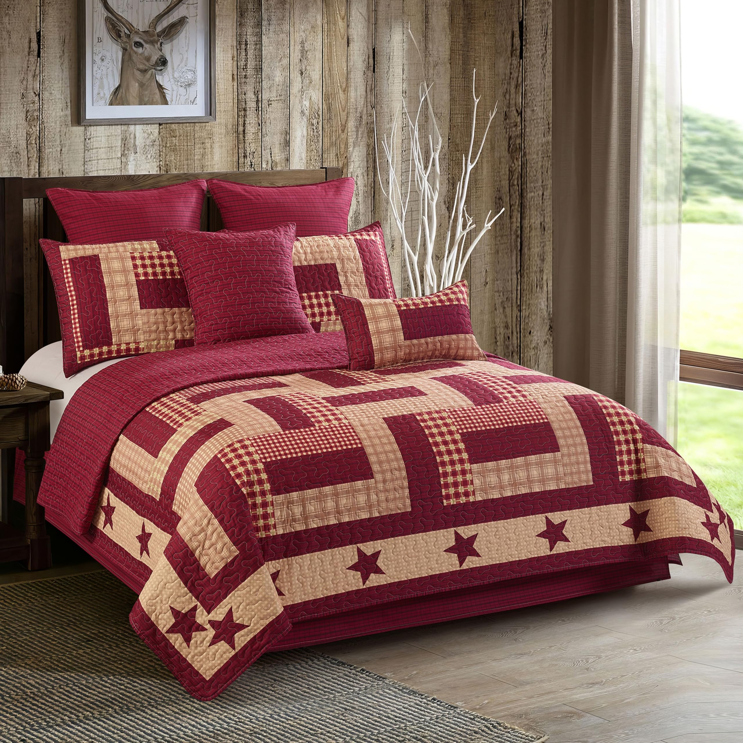 Virah Bella 3 Piece Full/Queen Lodge Quilt Bedding Set - Rustic Country Reversible Comforter Set with Decorative Pillow Shams - Homestead Red