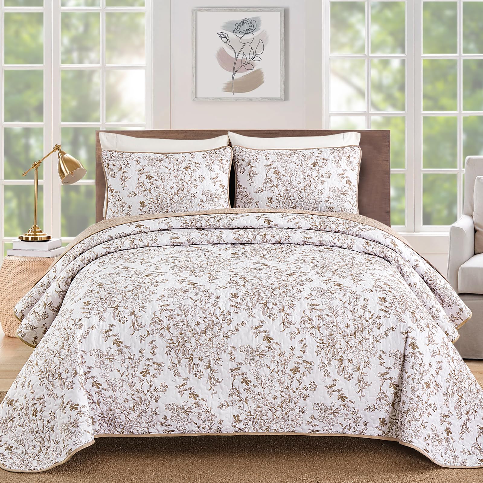 WONGS BEDDING King Size Quilt Set, Brown Quilt Bedding Set with 2 Pillowcases, Botanical Quilt for King Bed, Soft Microfiber Lightweight Coverlet