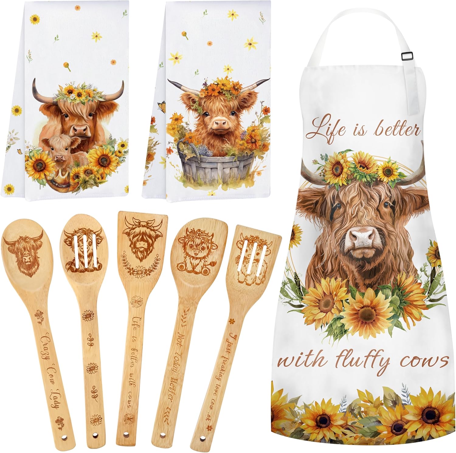 8 Pcs Cow Gifts for Women Highland Cow Print Kitchen Decor Cooking Utensils Set Include Bamboo Wooden Spoons Apron & Kitchen Towels Christmas Housewarming Gifts for Cow Lovers Women Mom