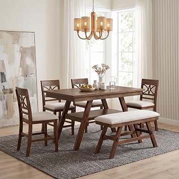 Farmhouse 6-Piece Wood Counter Height Dining Table Set with Storage Shelf, Kitchen Table Set with Bench and 4 Chairs for Small Spaces Walnut+Beige Cushion