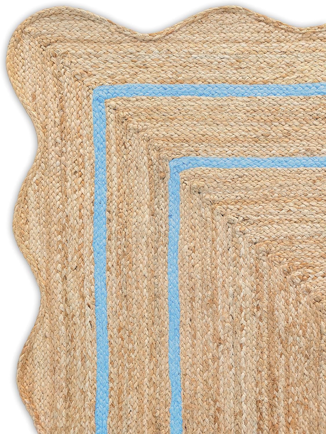 Wave Scalloped Natural Jute Rug - Boho Farmhouse Area Rug with Black Border, Handwoven Entryway Runner Rug, Eco-Friendly Scallop Design for Living Room or Bedroom (Sky Blue)-3x5ft