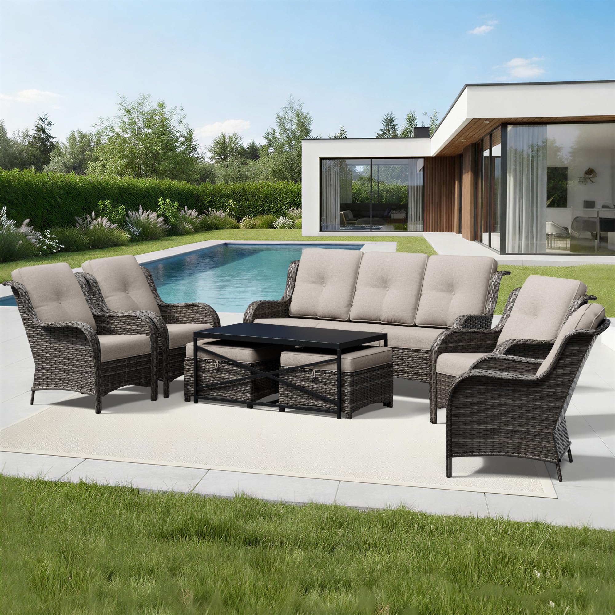 Joyside 8 Piece Wicker Patio Furniture Set, Rattan Patio Chairs with High Back, Deep Seating, Wide Armrest, Thickened Cushions, Outdoor Furniture for Deck, Porch Use