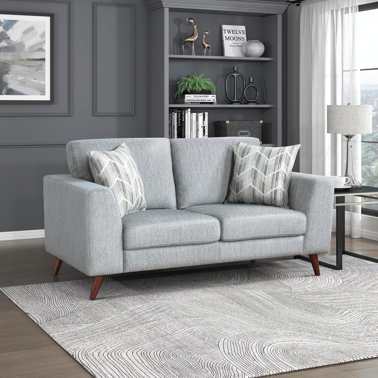 Lexicon Modern Loveseat, Chenille Upholstered Loveseat Sofa, Small Couch with Brown Legs, 2 Pillows, Track Arms, Comfy Couch for Living Room/Bedroom/Apartment, 2-Seater, Blue Gray Blue Gray Loveseat Sofa