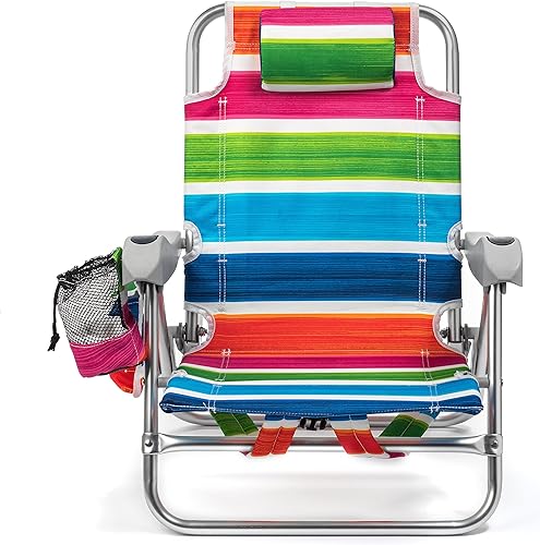 Miniatura 8 de Homevative Silla de playa tipo mochila plegable con 5 posiciones, toallero, bolsa para la nevera, bolsa de almacenamiento, portavasos y soporte para