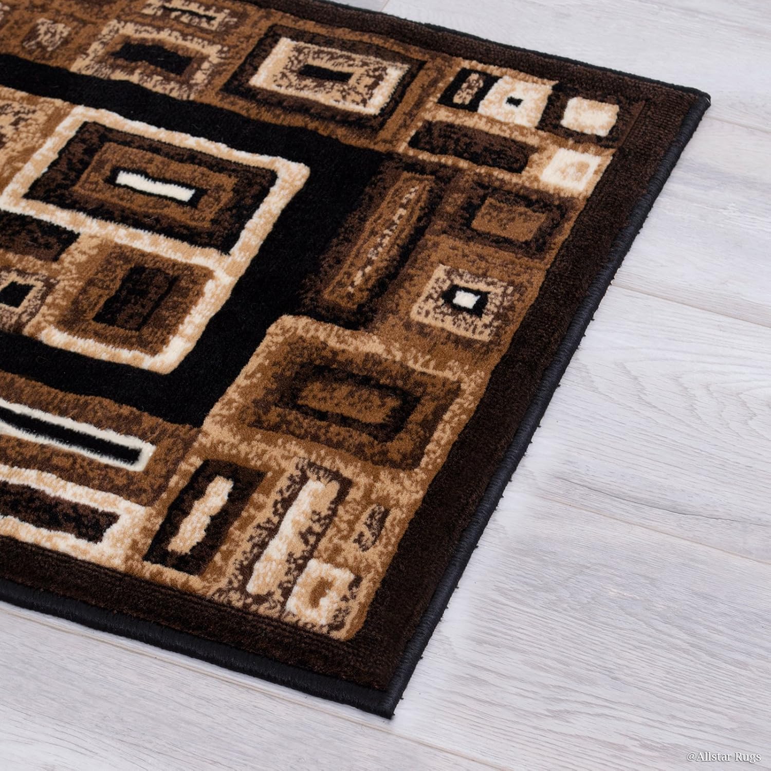 Allstar 2x7 Black Abstract Machine Carved Runner with Mocha and Espresso Geometric Design (1' 11" x 7' 1")