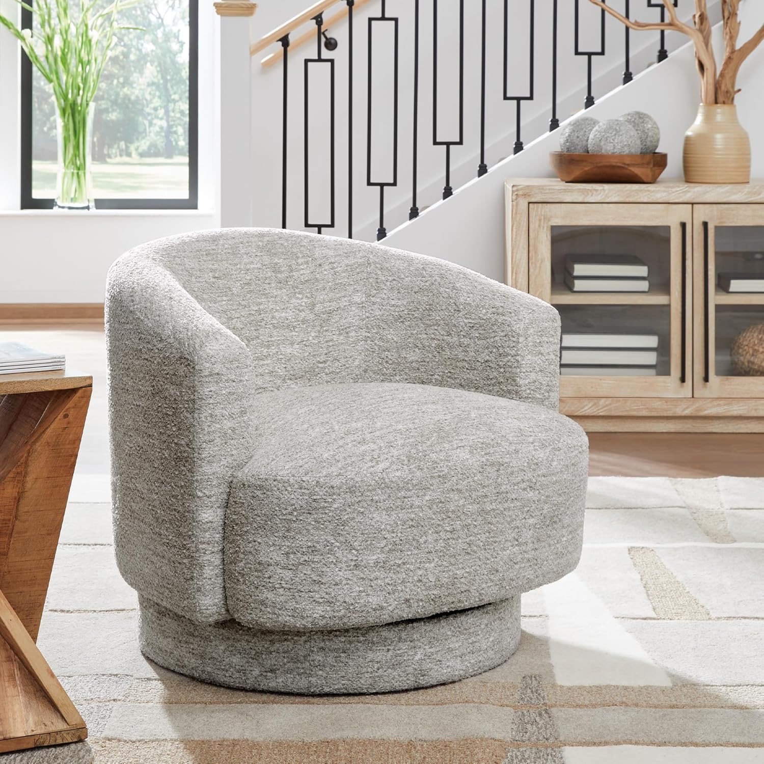 Signature Design by Ashley Wardsor Contemporary Ultra-Soft Swivel Chair with Low Back and Recessed Arms for Living Room, Light Gray