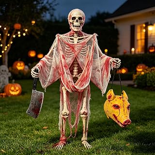 Lighted Up Giant Skeleton Outfit,DIY Halloween 12ft Skeleton Butcher Accessories Including Bloody Fabric Cloth,Fake Knife,23ft Lights String, Relistic Pig Head for Outdoor Garden Decor (Normal)