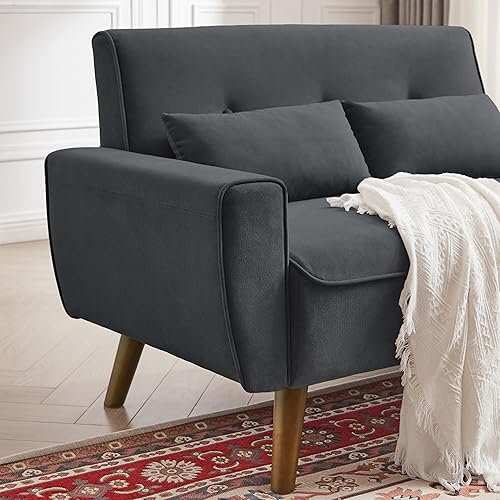 Miniatura 4 de Sofá biplaza pequeño de 48 pulgadas, sofá biplaza de lino moderno de mediados de siglo, sofás de 2 asientos con almohadas y patas de madera para