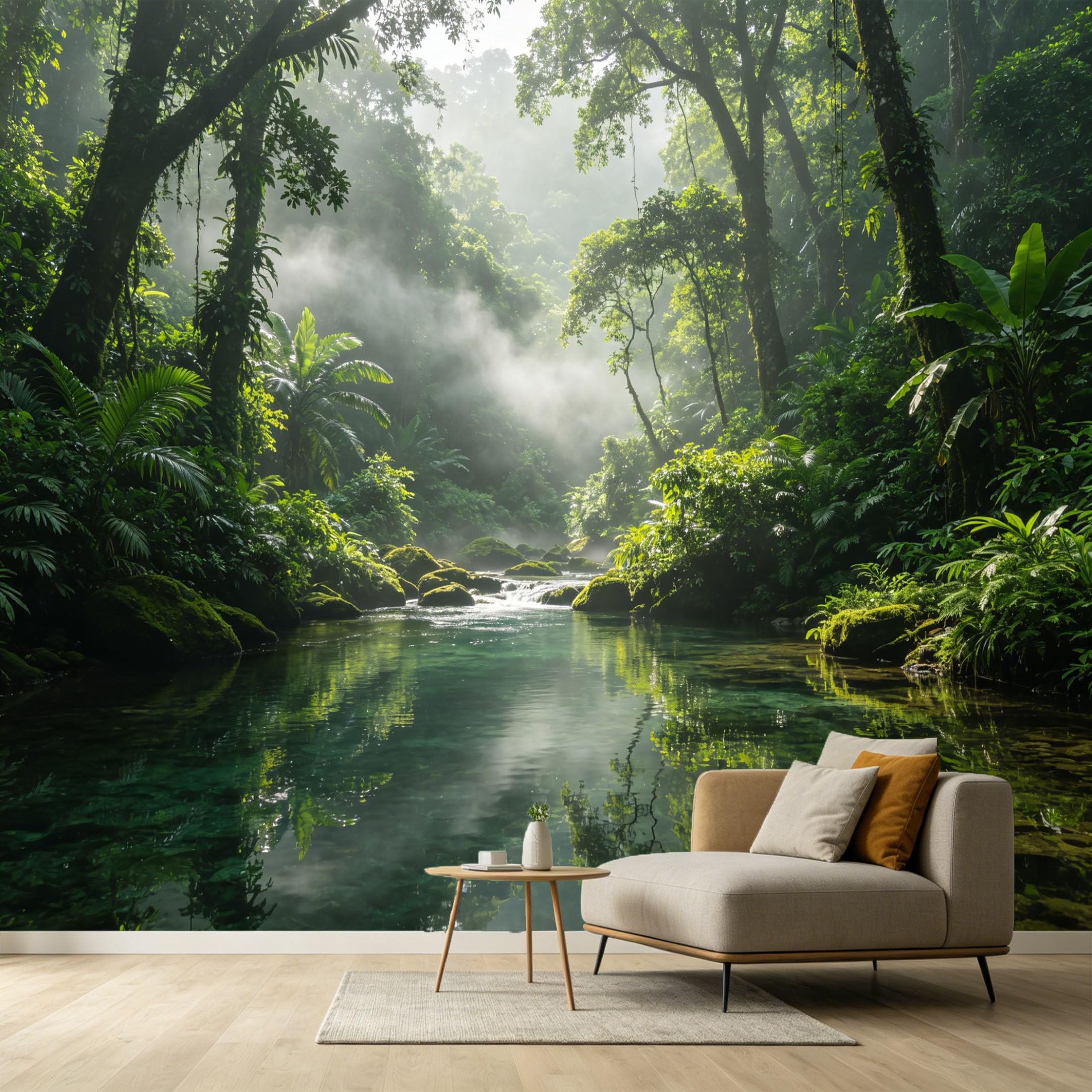 Custom Size Wall Murals Tropical Rainforest Jungle Landscape Mist River Water Reflection SelfAdhesive Wall Fabric Removable Large Wallpaper Photo for Living Room