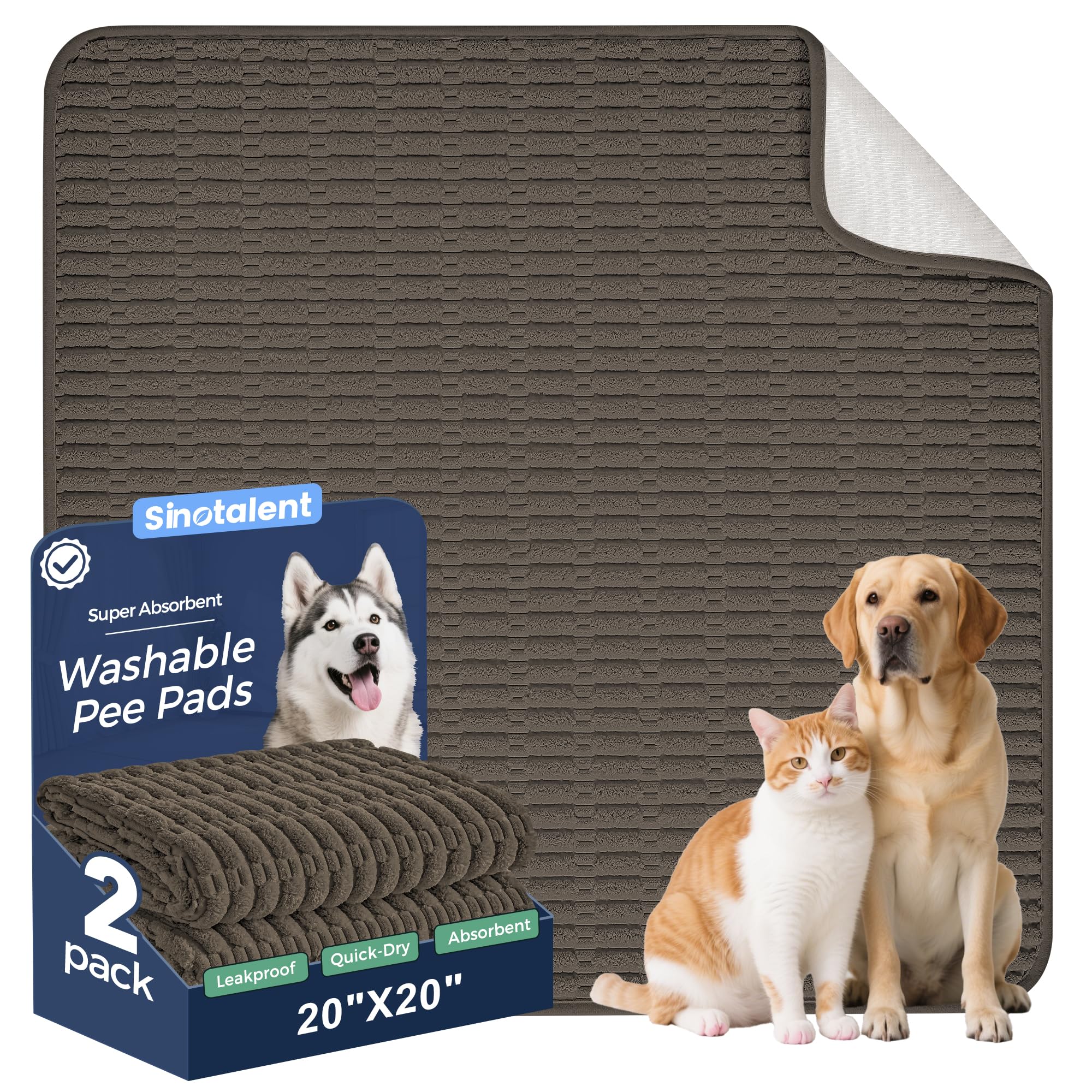 Sinotalent Washable Pee Pads for Dogs, 2 Pack Reusable Puppy Pads Dog Pads, Non-Slip Dog Pee Pads, Leakproof Pet Pee Pads Wee Wee Pads for Dogs. (Coffee, 20"x20"(Pack of 2))