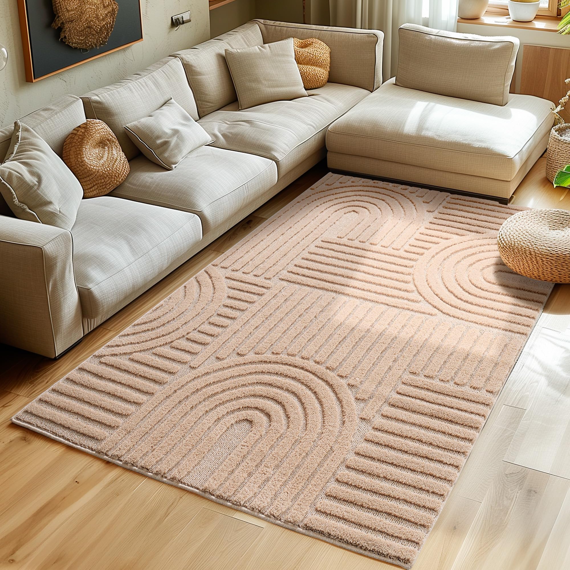 SIMPEX Teppich Hochflor Wohnzimmer Teppich, Weich & Flauschig, Skandinavisch Boho Stil, Langflor Shaggy, Pflegeleicht, Jute Rückseite