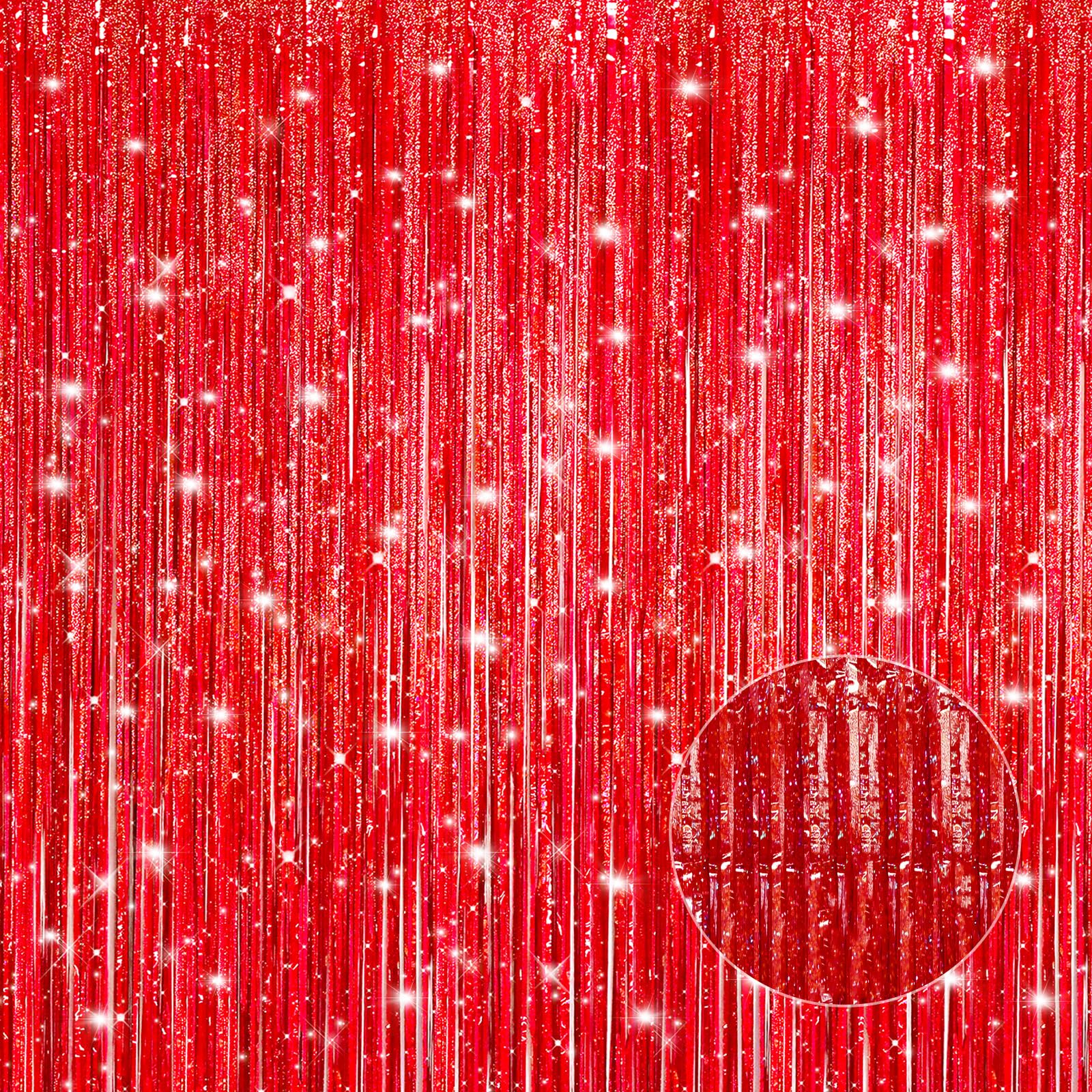 Crosize 2 Pack Laser Red Party Streamers Backdrop, 3.3 x 9.9 ft | Tinsel Foil Fringe Curtain, Birthday Decorations, Party Decor, Door Streamers, Glitter Photo Backdrop