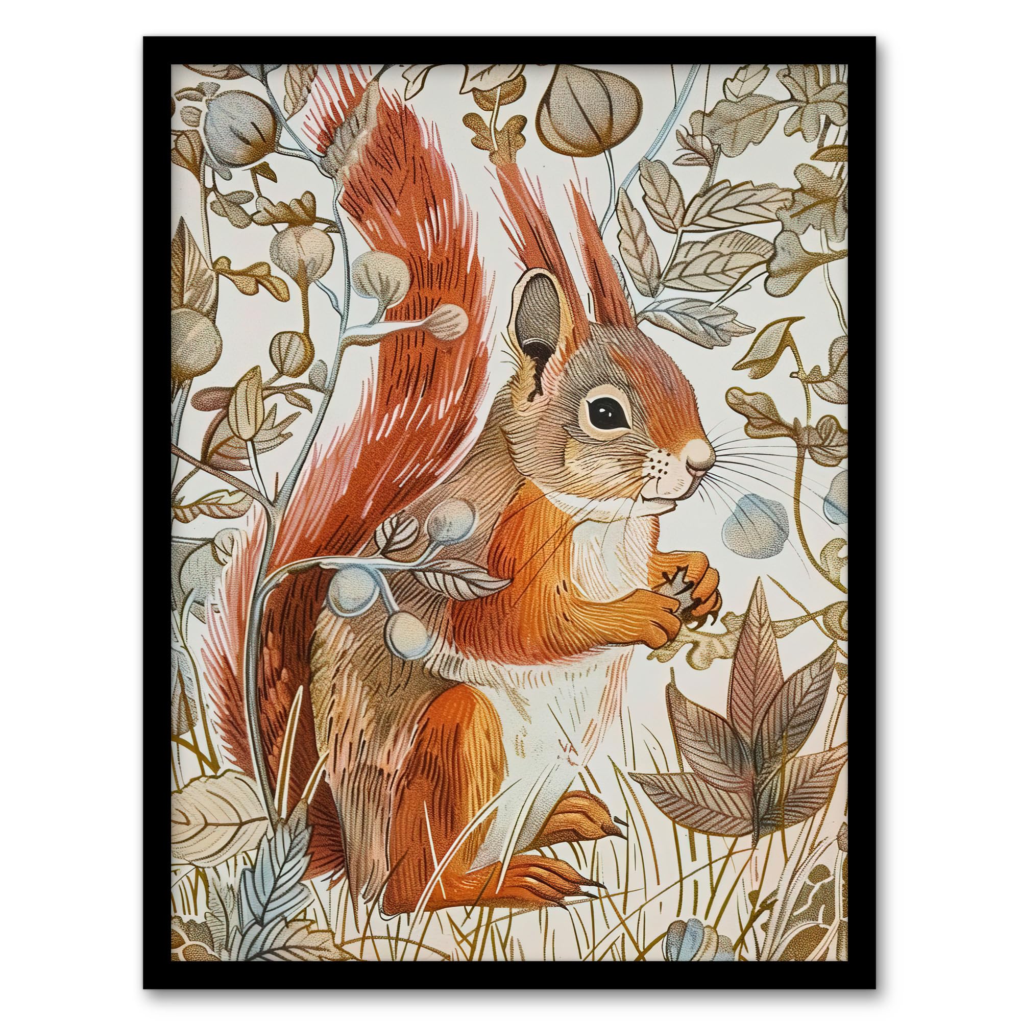 Artery8 Red Squirrel Woodland Forest Floor Bright Living Room Artwork Framed Wall Art Print 18X24 Inch
