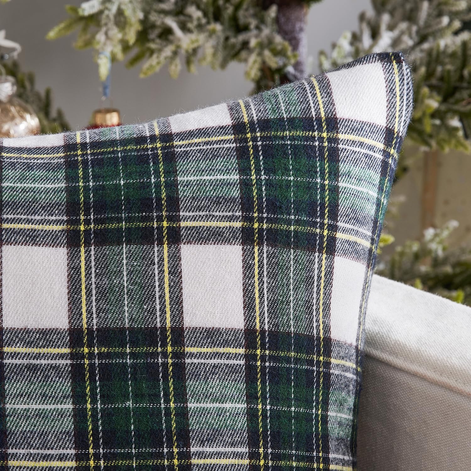 MIULEE Christmas Set of 2 Scottish Tartan Plaid Euro Sham Throw Pillow Covers Farmhouse Classic Decorative Outdoor Square Cases for Decor Sofa Couch 24x24, Green and White