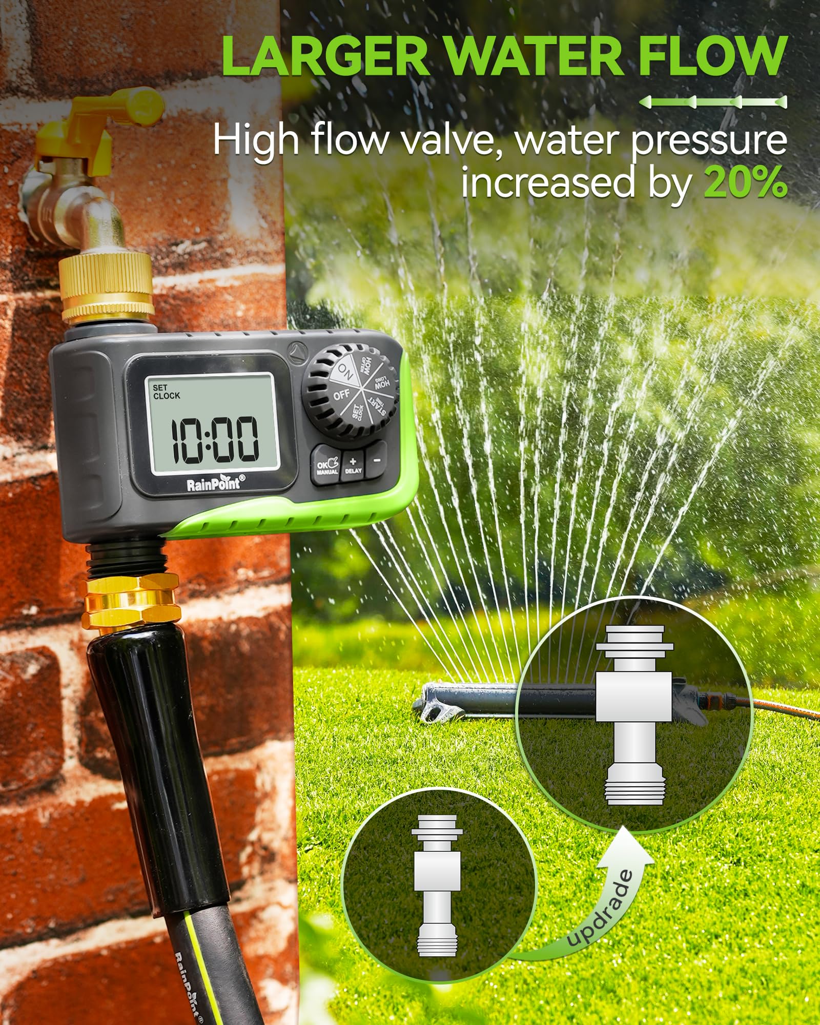 RAINPOINT Minuteur d'arrosage en laiton pour tuyau d'arrosage, contrôleur de tuyau d'arrosage pour arrosage, irrigation avec arrosage manuel/retard de pluie pour pelouse extérieure et cour